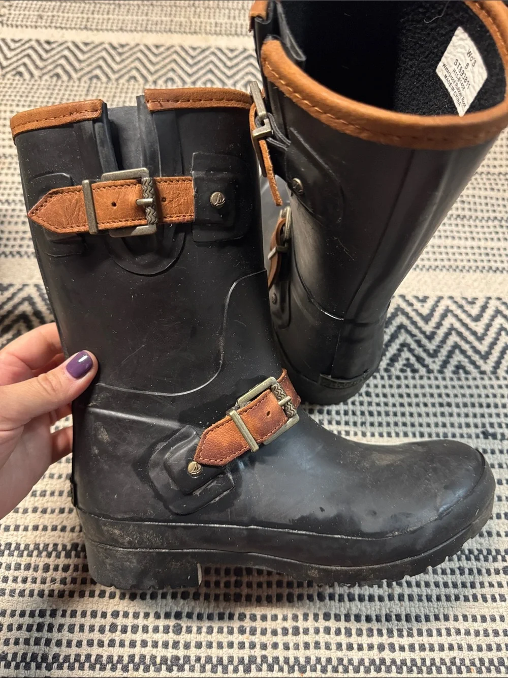 Sperry Women's Black Rain Boots with Brown Trim and Buckles